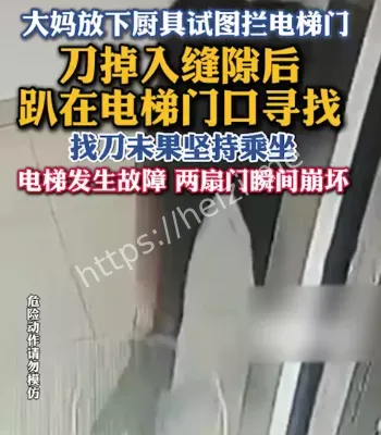 大妈试图用厨具拦电梯两扇门崩坏